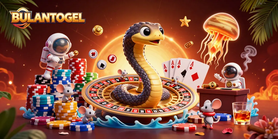 BULANTOGEL showcases a cosmic casino scene with astronauts betting, vibrant poker elements, and stunning graphics.