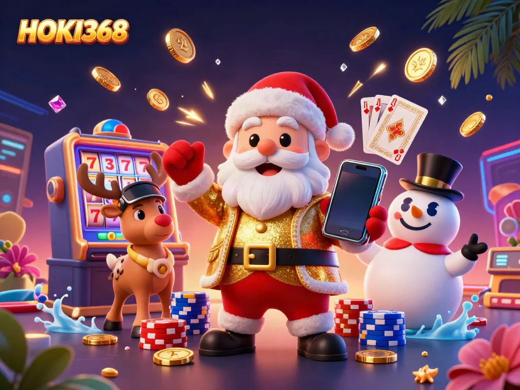 Experience HOKI368's thrilling slot jackpots with Santa and friends celebrating wins in a vibrant casino scene.