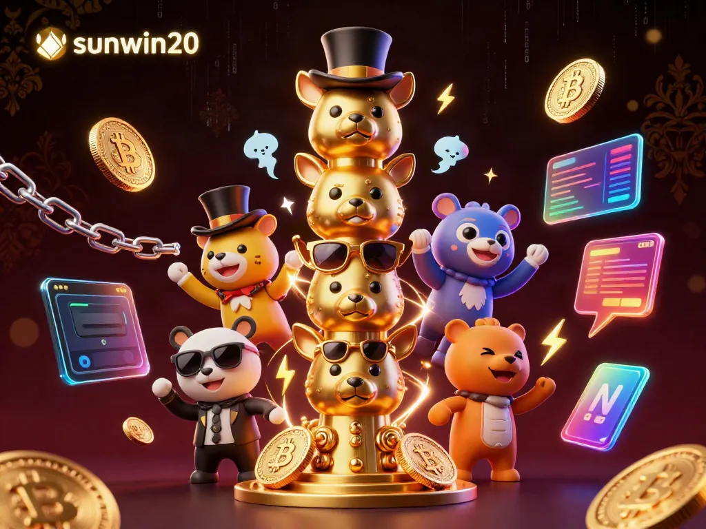 Engage with sunwin20's vibrant atmosphere featuring a golden totem and cryptocurrency elements, ideal for online casino enthusiasts.