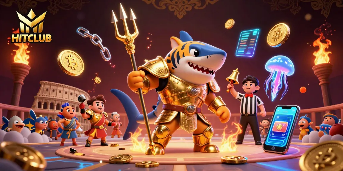Join the thrilling HITCLUB casino adventure with animated characters and vibrant crypto elements.