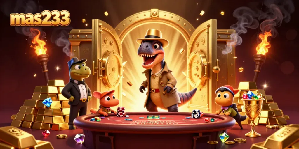 Gambarlah mas233 saat velociraptor bermain blackjack di meja kasino dengan suasana mewah.