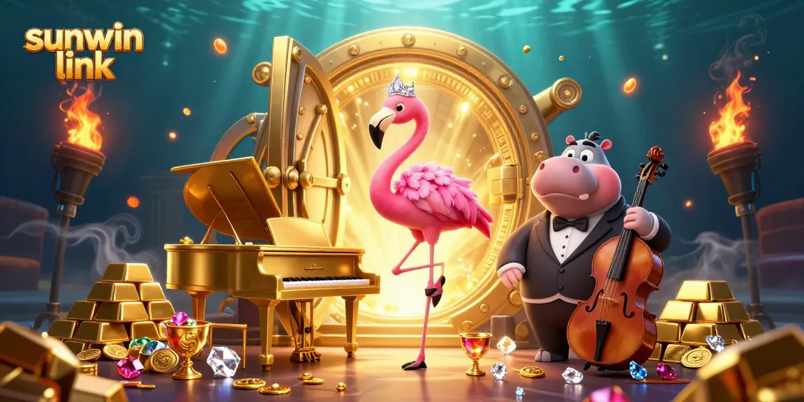 Experience thrilling gameplay with sunwin link in a vibrant 3D casino scene featuring musicians and jewels.