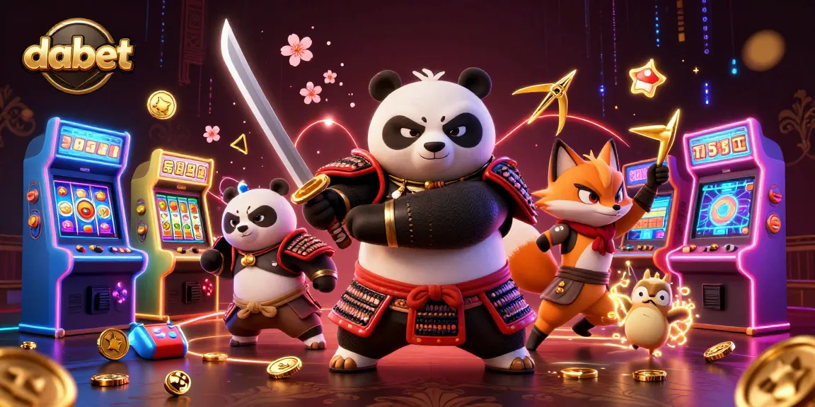 Dabet's vibrant 3D illustration showcases a samurai panda and ninja fox in an exciting casino scene filled with winning elements.