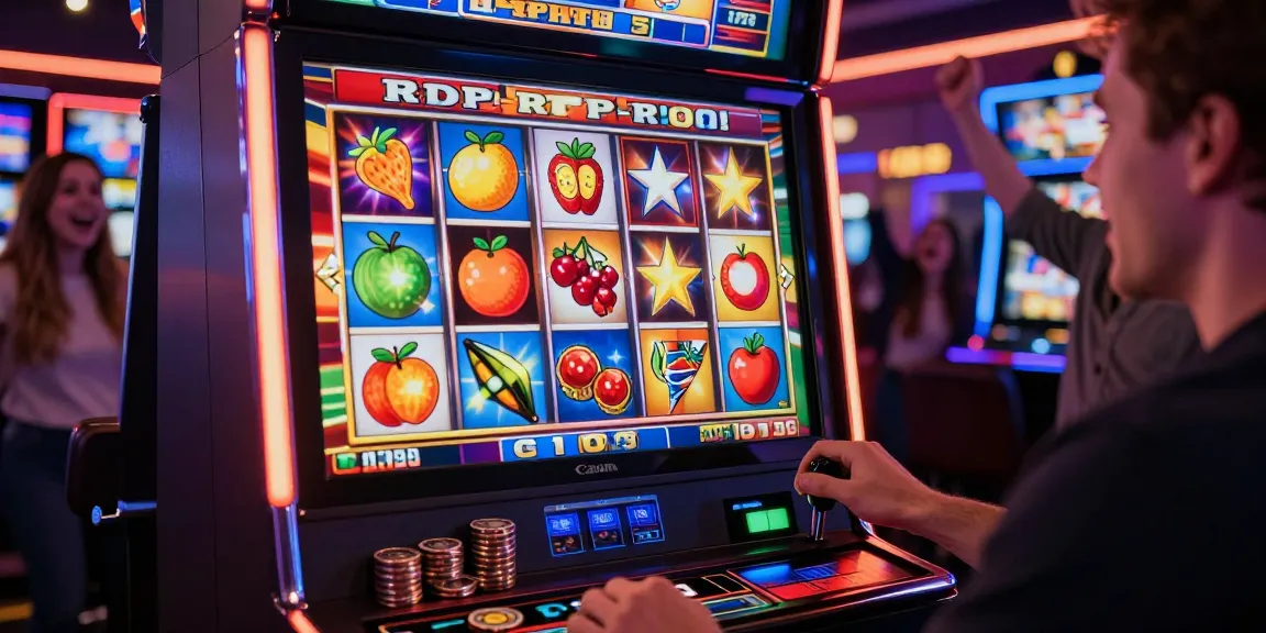 Slot RTP dalam permainan mesin slot dengan pemain yang fokus, lingkungan kasino yang ceria.