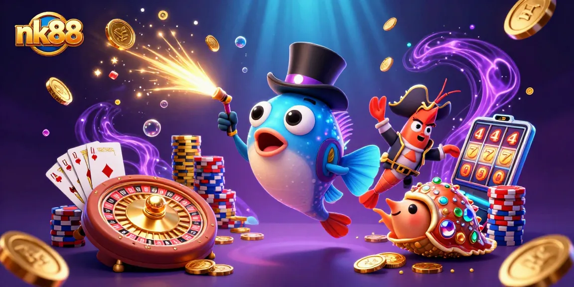 Play slots and jackpots with nk88, featuring treasure-hunting sea creatures and casino elements.
