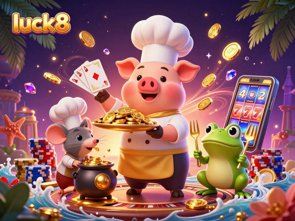 Experience thrill with luck8 as cartoon characters celebrate casino wins amidst dazzling gold and vibrant games.