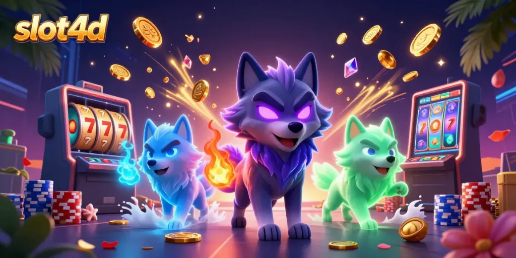 Experience the excitement of slot4d with dynamic visuals of 3D wolves, casino elements, and vibrant graphics.