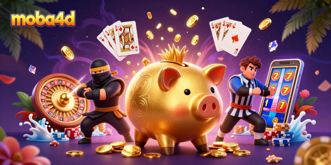 Experience exciting gameplay with moba4d as a golden piggy bank sumo wrestler stomps coins everywhere.