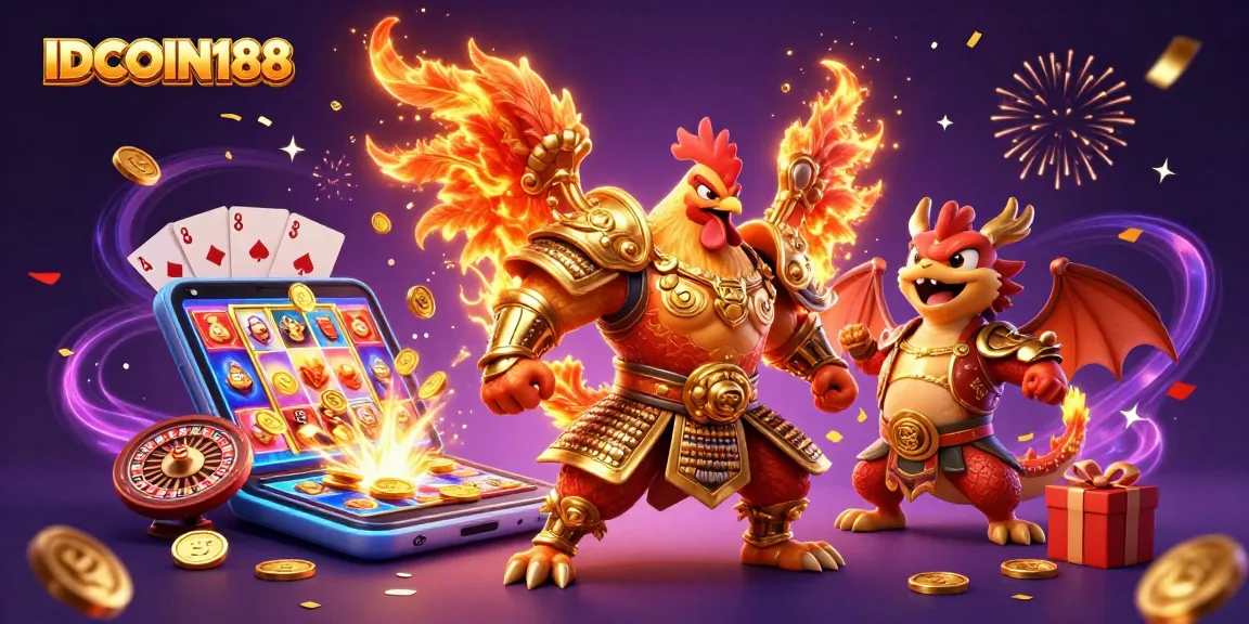 IDCOIN188 unleashes winning strategies in a vibrant casino scene with dynamic characters and games.