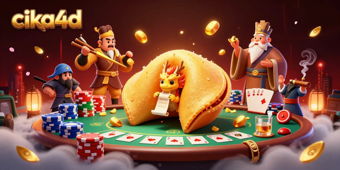 Spin the reels at cika4d with a dynamic scene featuring a fortune cookie and poker elements.