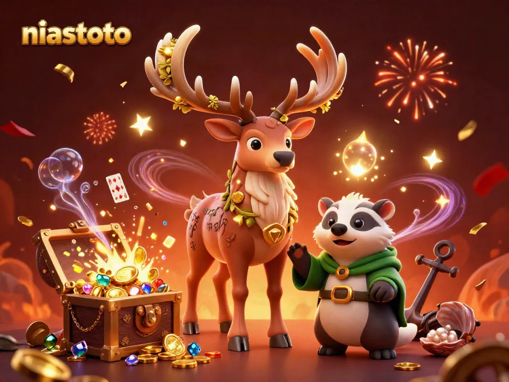 Experience niastoto’s dynamic gambling scene with a Celtic druid stag and wise badger amidst treasures and confetti.