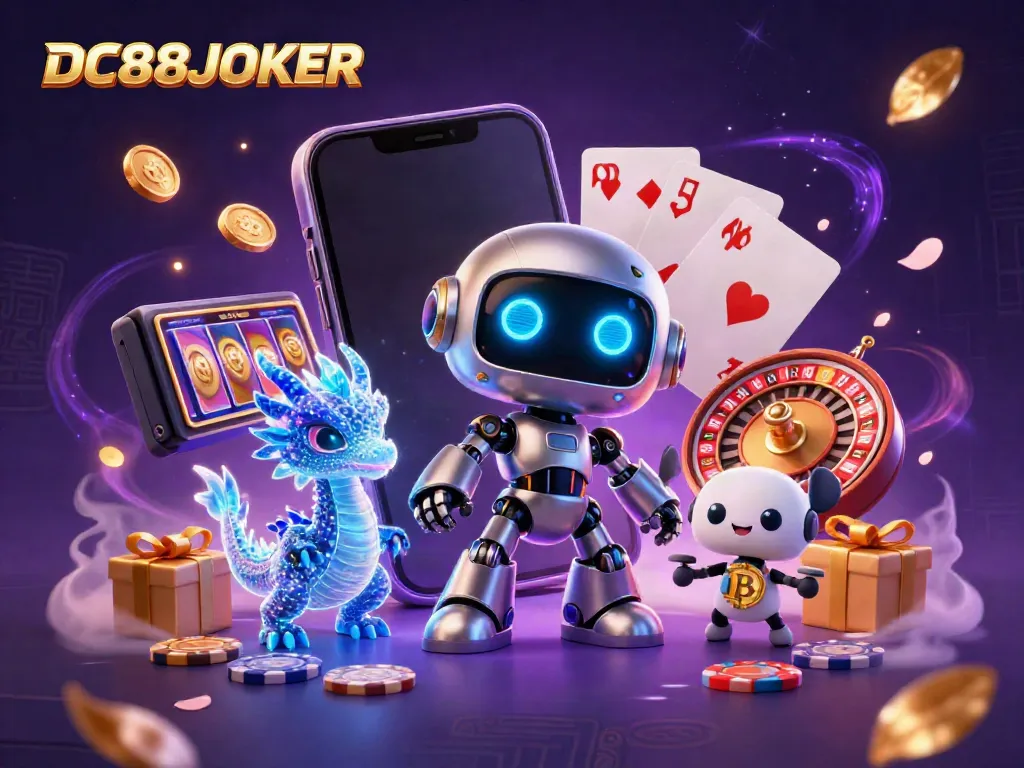Engage with DC88JOKER's captivating 3D casino scene featuring vibrant game elements and a futuristic mascot.