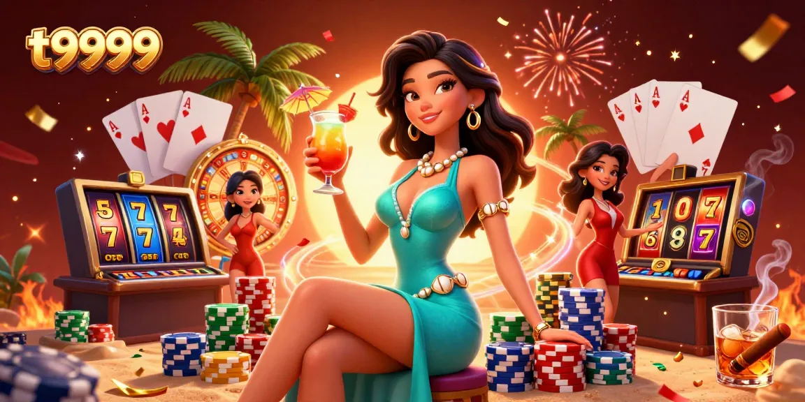 Experience the thrill of winning at t9999 with dazzling slot reels and stunning cocktails in a vibrant casino scene.