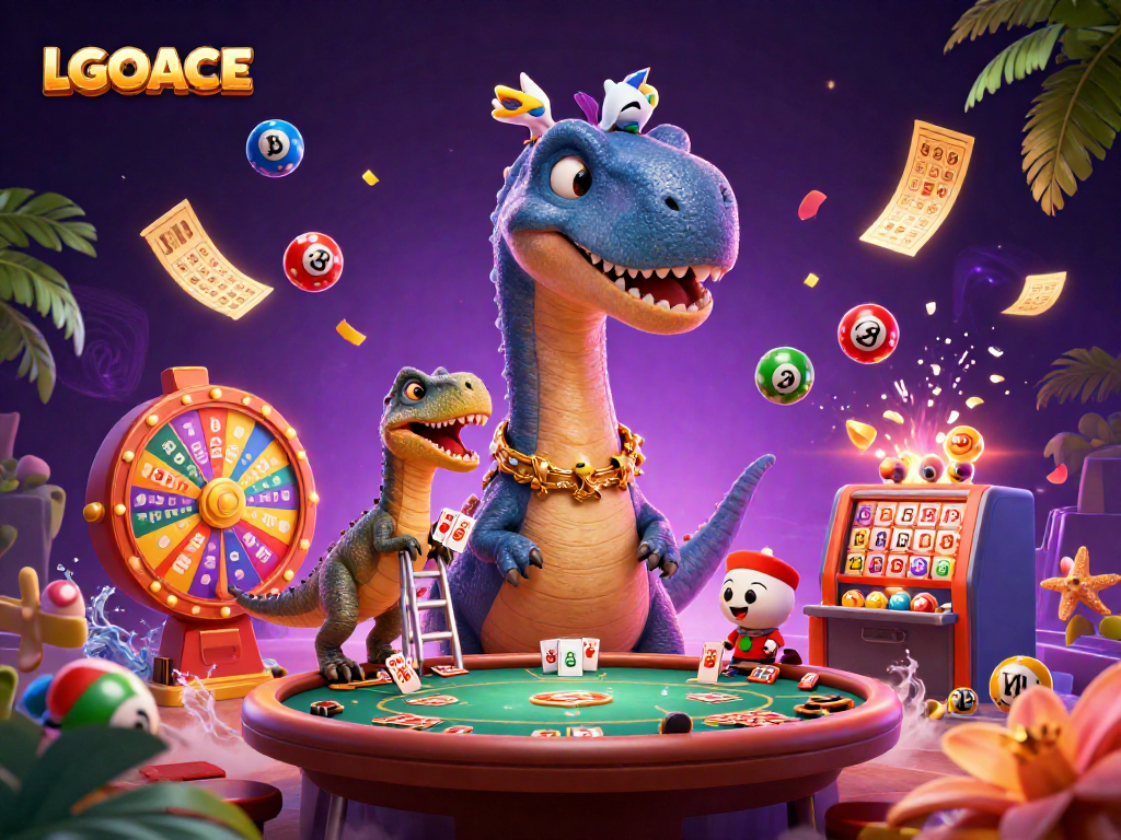 Experience the thrill of LGOACE as a brontosaurus towers over a lively casino scene with dynamic game elements.