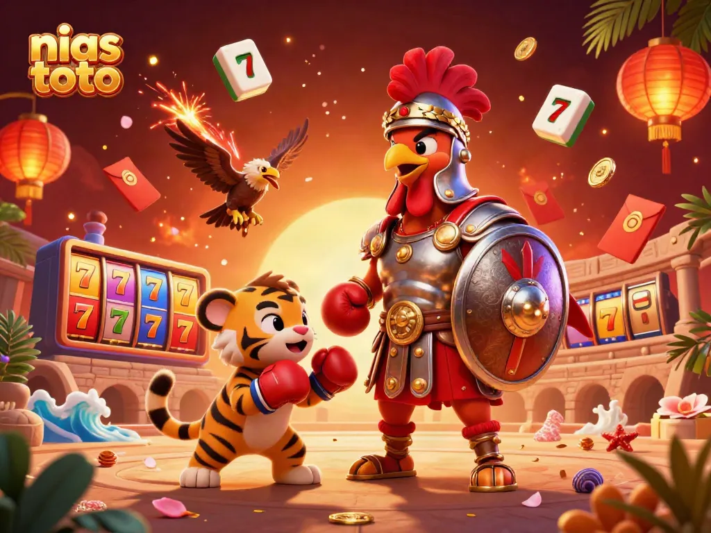 Gambar 3D yang menarik dengan tema nias toto, menampilkan karakter dan elemen kasino menarik.