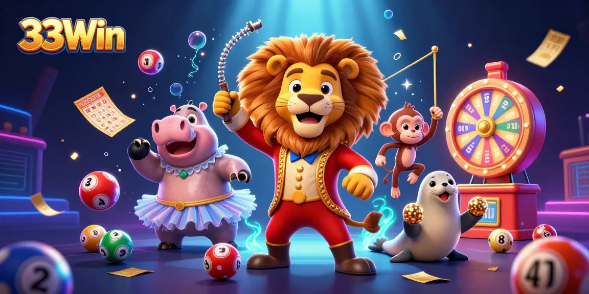 Experience the vibrant world of 33Win with colorful lottery elements and engaging characters in an exciting casino scene.