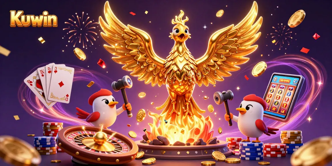 Kuwin players winning big with energetic casino adventures featuring a golden phoenix and shimmering coins