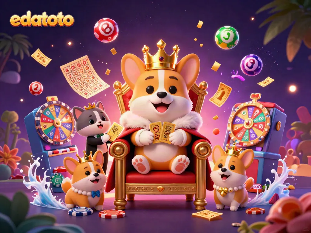 Engage with edatoto's vibrant casino scene featuring a royal corgi amidst lottery games.