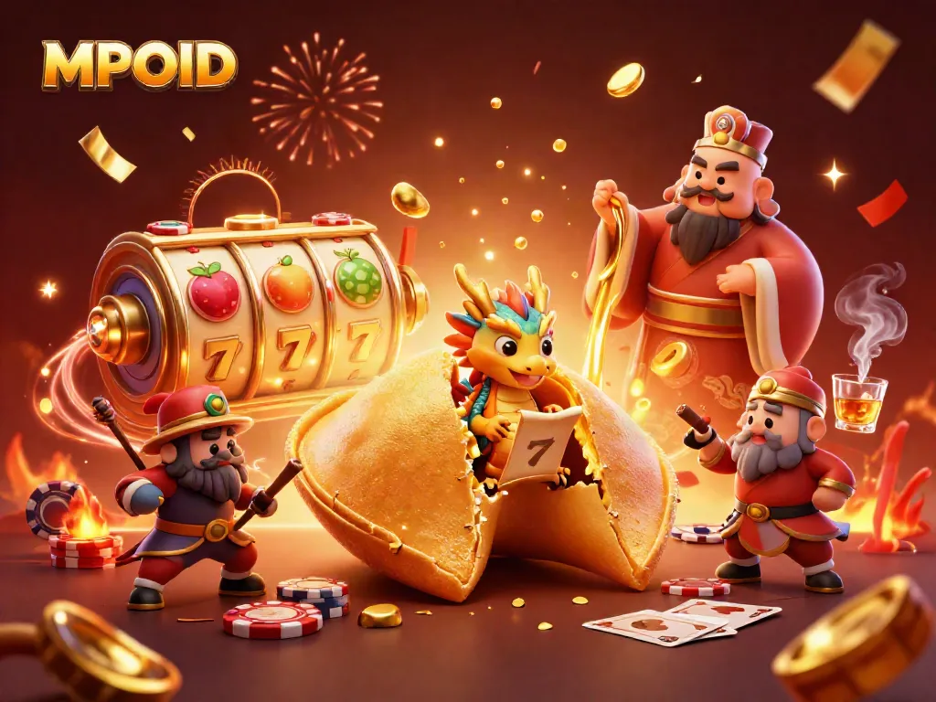 MPOID showcases a colorful 3D illustration with slots, fortune cookie, and a dragon celebrating big wins.