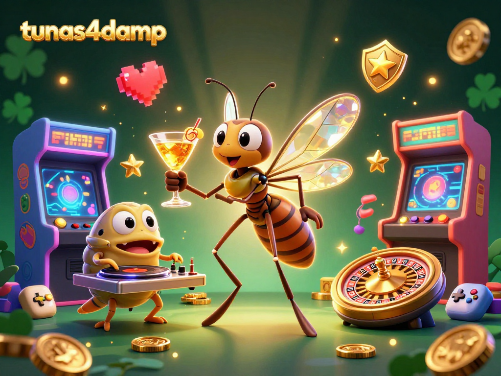 Experience thrilling gameplay with tunas4damp in a vibrant casino illustration featuring unique characters and gaming elements.