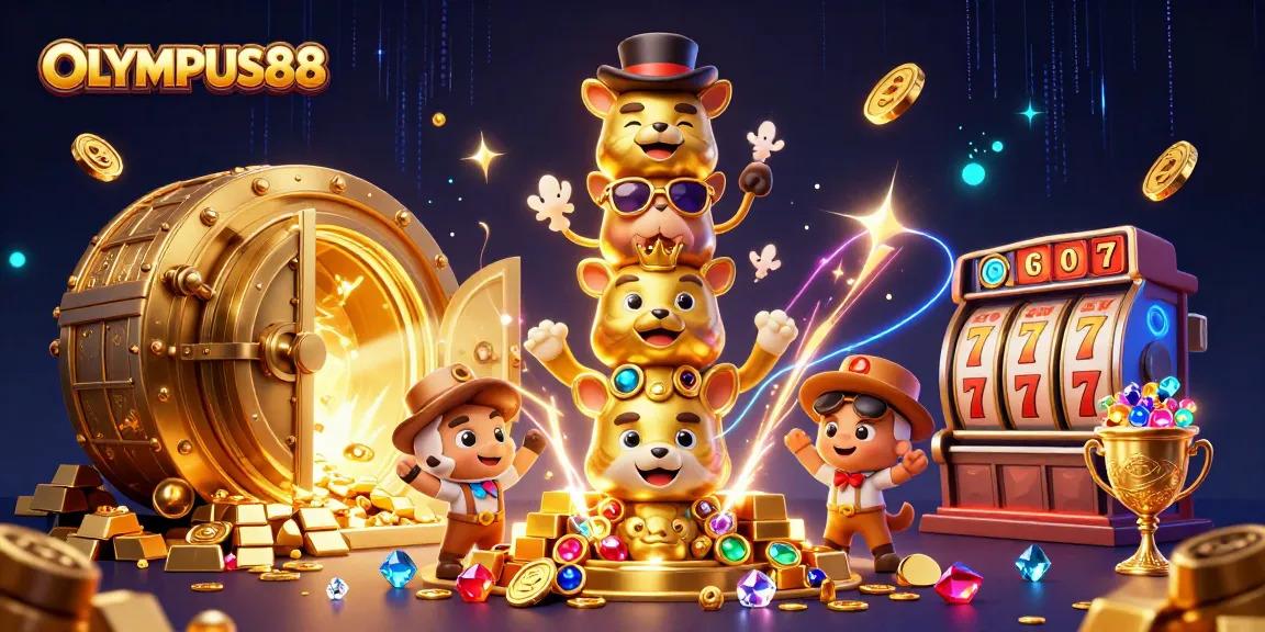 OLYMPUS88 dalam ilustrasi 3D penuh warna, menampilkan totem emas dan slot menarik.