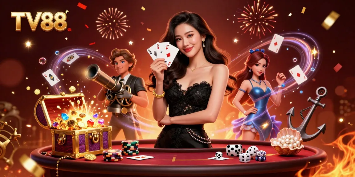 Experience the excitement of TV88 with a stunning casino scene featuring cards, chips, and vibrant colors.