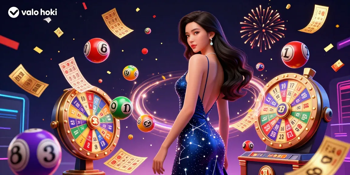 Win big with valo hoki in a vibrant casino-themed illustration featuring lottery elements.