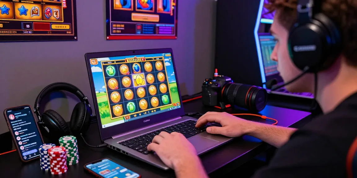 Player enjoying HARGATOTO online slot game with vibrant bonuses and engaging technology in a lively gaming setup