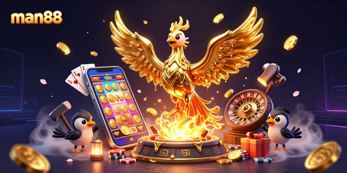 Experience the excitement of man88 with a vibrant scene showcasing casino elements and a golden phoenix.