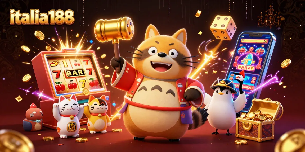 Italia188 memperlihatkan tanuki ceria dan maneki-neko beruntung dalam adegan kasino yang penuh energi.
