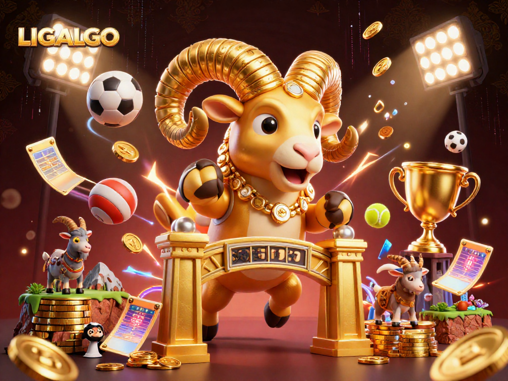 Experience thrilling sports betting action with LIGALGO as a golden ram charges through a vibrant scene.