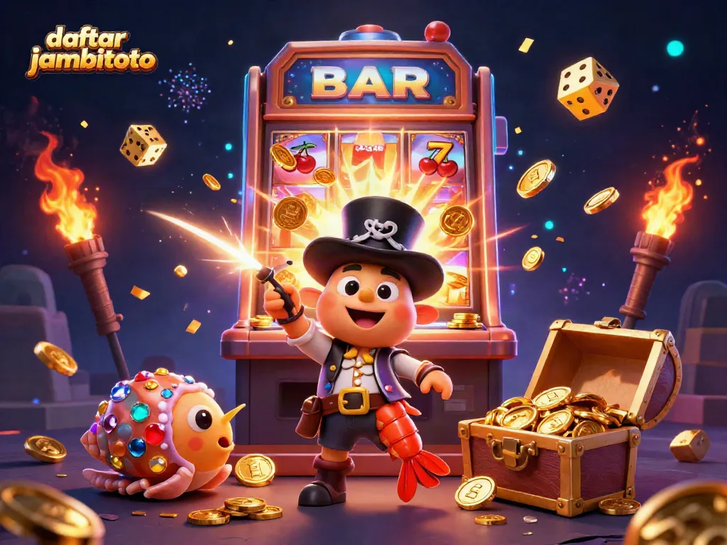 Win exciting prizes with daftar jambitoto, featuring vibrant characters in a dynamic casino scene.