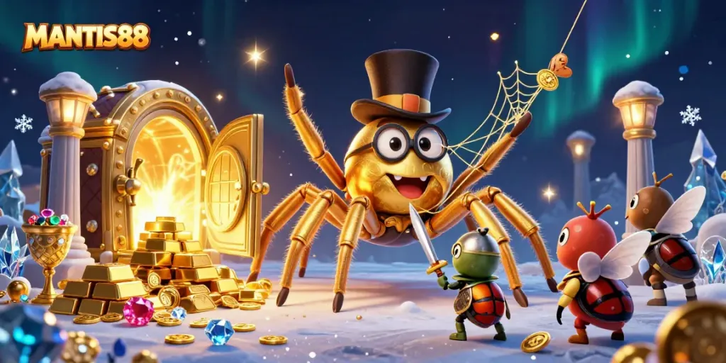 Experience thrilling gameplay with MANTIS88 in a vibrant casino-themed illustration.