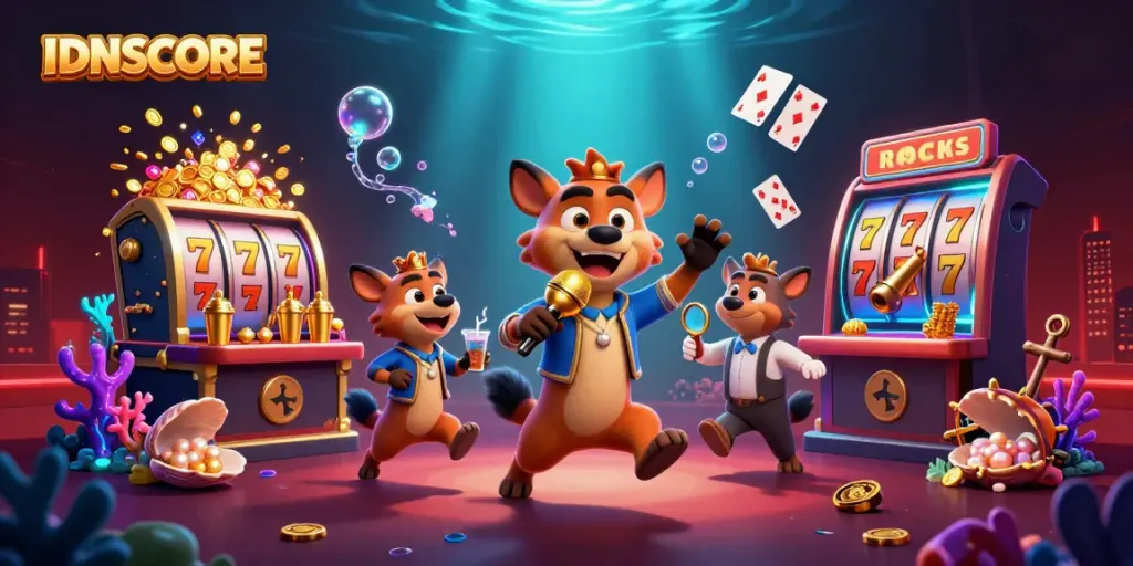 Experience IDNSCORE's thrilling casino club featuring hyenas in a vibrant underwater scene.