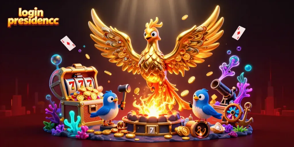 Experience excitement with login presidencc in a vibrant 3D casino scene full of gold and game elements.