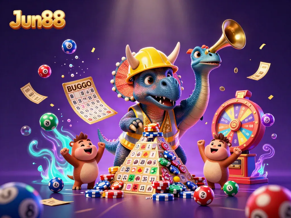 Experience Jun88's vibrant casino atmosphere with cheerful characters celebrating a poker chip pyramid build.
