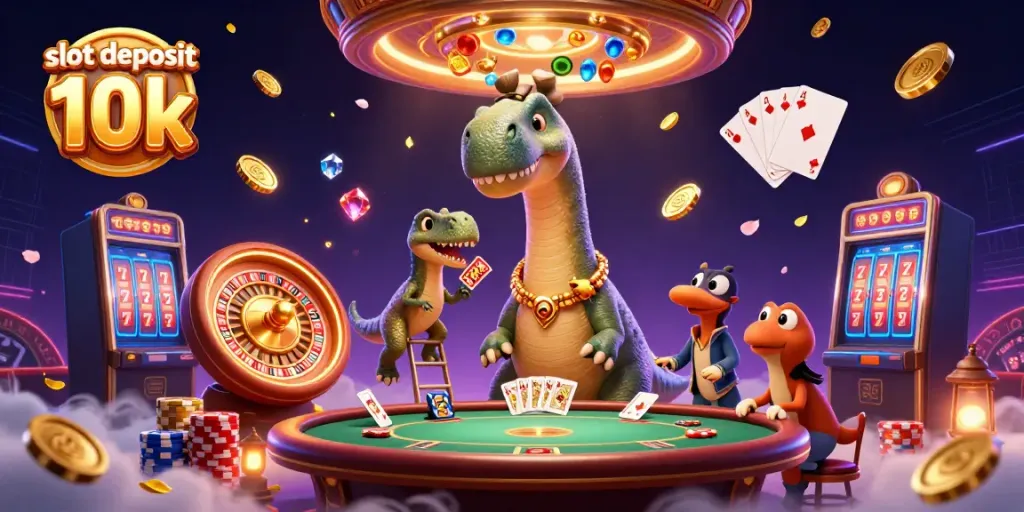 Visualisasi menarik dari permainan slot deposit 10k dengan gemerlap koin emas dan karakter kartun di kasino.