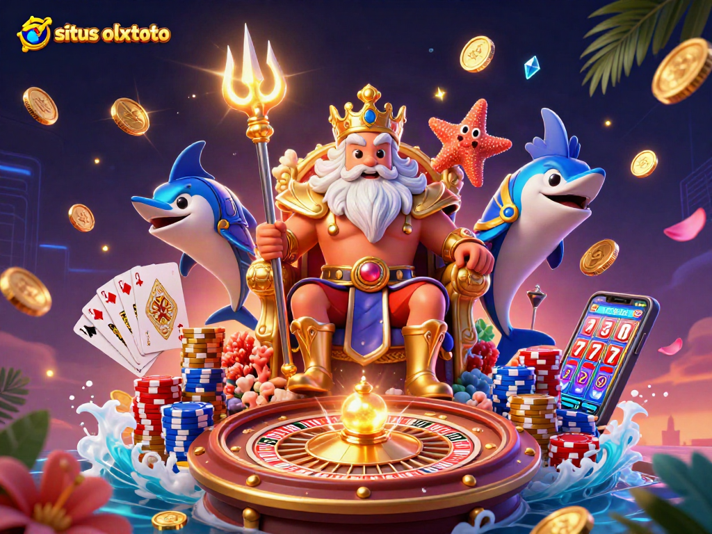 Memainkan situs olxtoto dengan raja laut, kartu poker, dan koin emas yang berkilau.