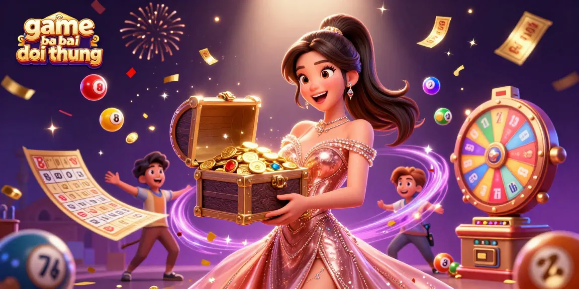 Excited woman showcasing a treasure chest symbolizing game bai doi thuong, surrounded by lottery elements and festive confetti.