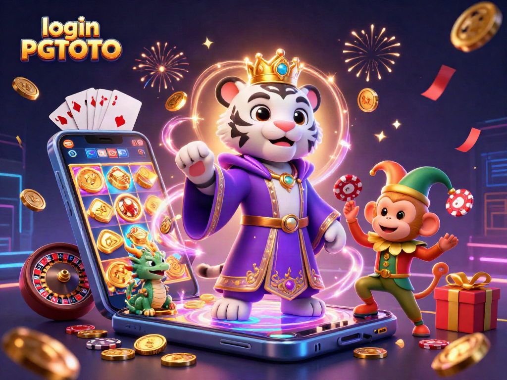 Experience login PGTOTO with our animated casino characters and vibrant slot game elements in a 3D scene.