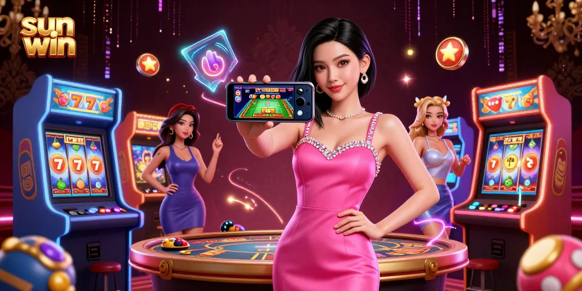 Engage in thrilling gameplay with sun win as the stunning Asian woman plays a live dealer game on her smartphone amid vibrant casino elements.