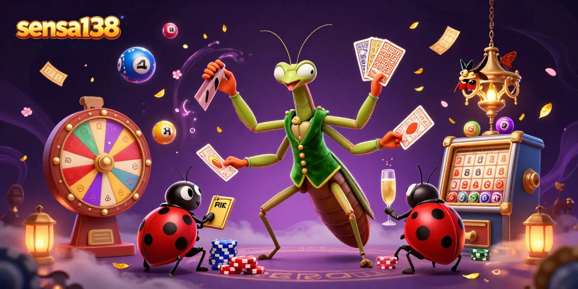 Sensa138 showcases an exciting casino scene depicting a praying mantis card sharp and ladybug pit boss amidst vibrant gambling elements.