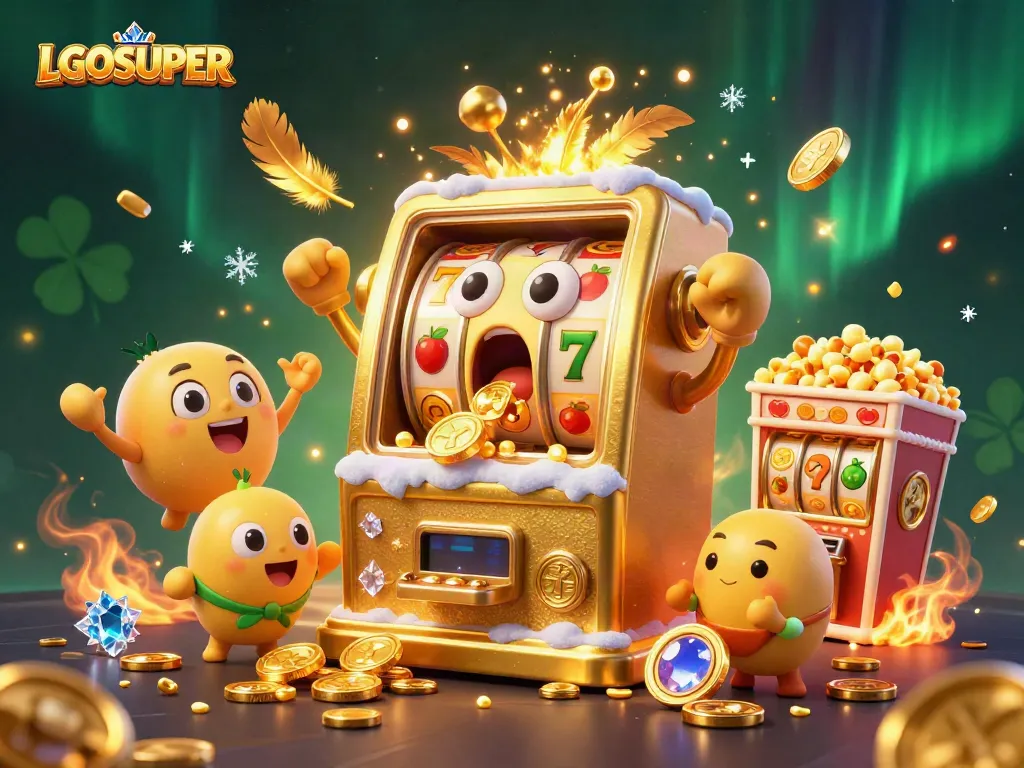 Experience the excitement with LGOSUPER as the golden slot machine celebrates a jackpot amidst golden coins.