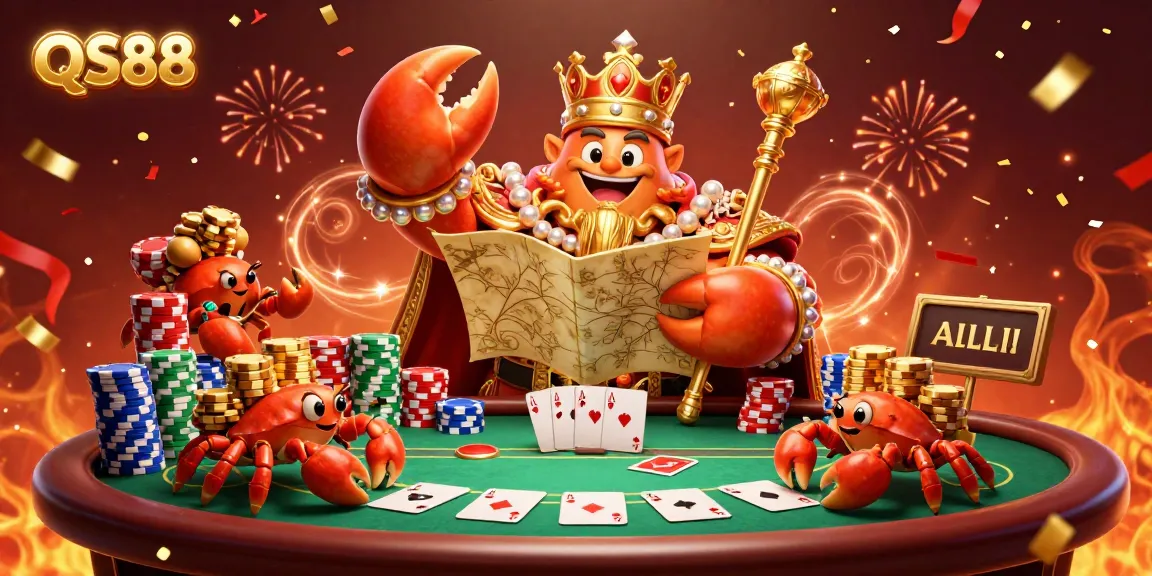 Experience the excitement of QS88 at a vibrant casino scene with a golden crab emperor and poker elements.