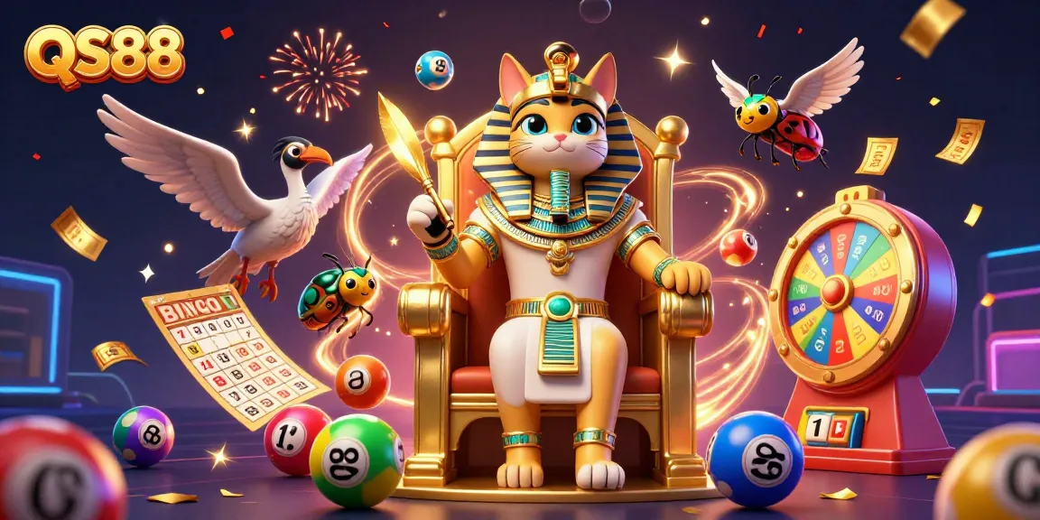 Experience excitement at QS88 with a vibrant scene of a cartoon pharaoh cat and lottery elements.