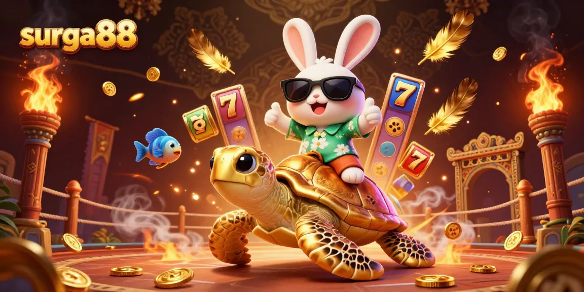 Experience the thrill of surga88 with our lively illustration featuring the lucky rabbit and golden turtle in a dynamic casino setting.
