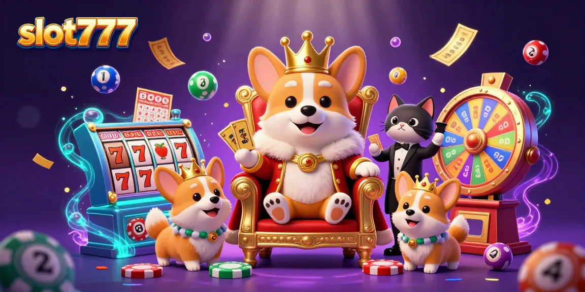 Experience the thrilling gameplay of slot777, surrounded by festive casino elements like vibrant slot reels and bouncing lotto balls.