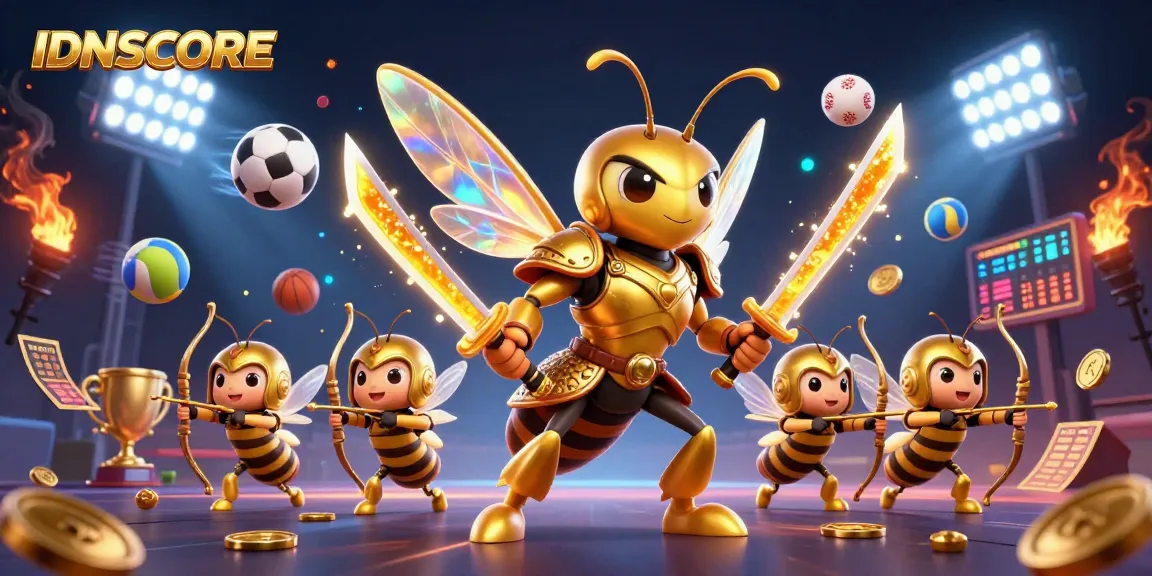 IDNSCORE provides thrilling gaming action with a dynamic scene of a giant hornet samurai and bee archers engaging in competitive sports.