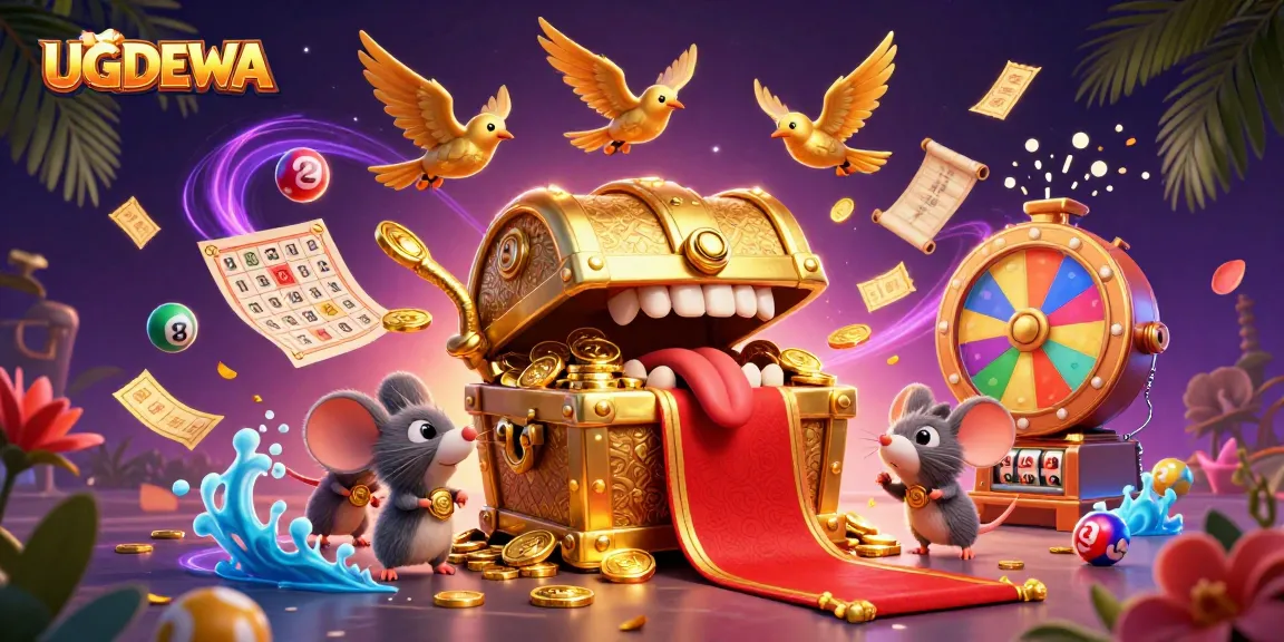 Engage with UGDEWA's vibrant casino ambiance featuring a treasure chest, adventure mice, and plenty of gaming action.
