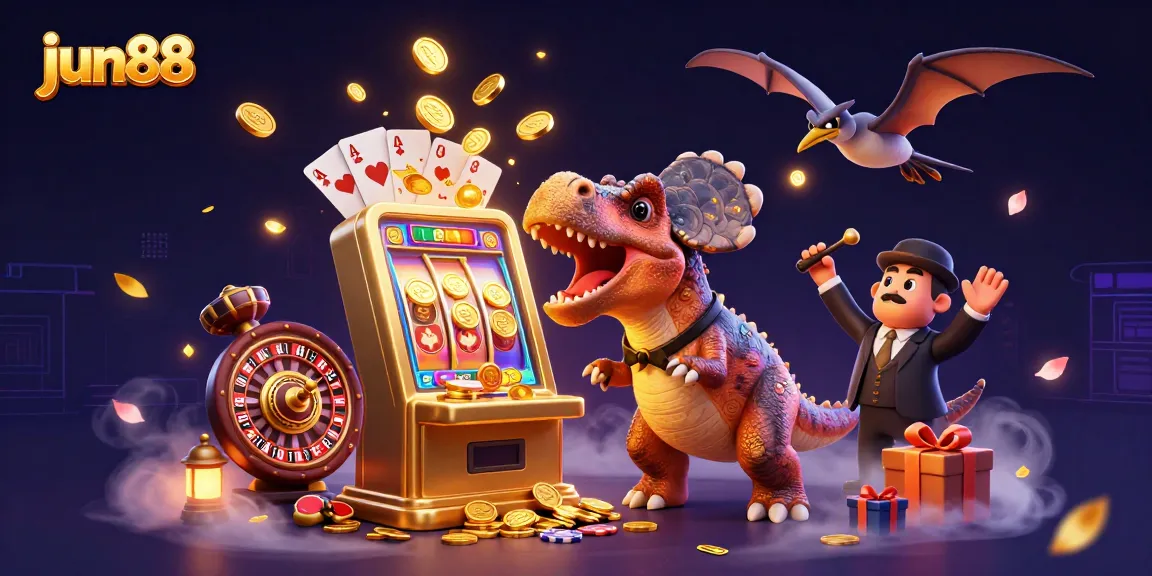 jun88's pachycephalosaurus celebrates a jackpot alongside its panicked manager in a vibrant casino scene